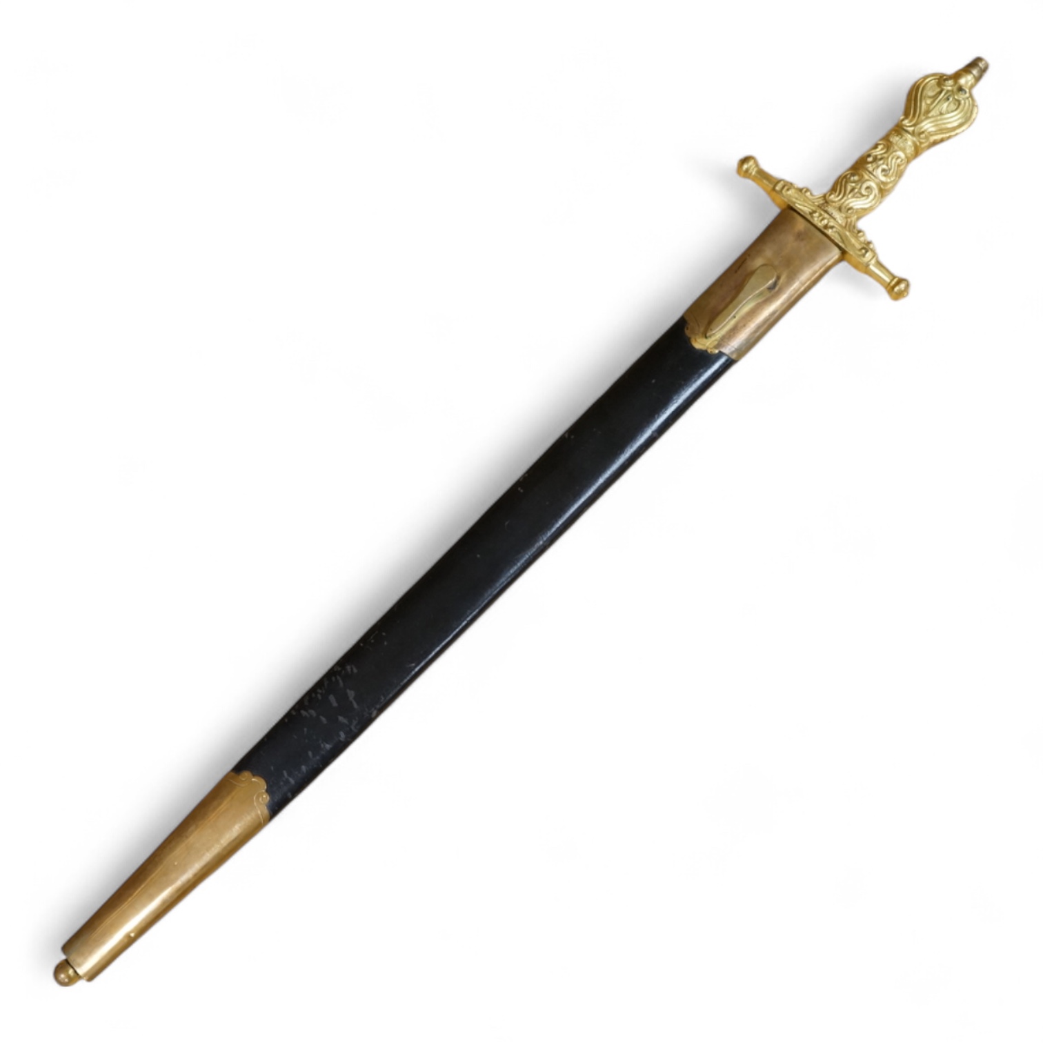 A Scottish sidearm for the King’s Own Bodyguard for Scotland, straight blade by J. Stewart and Son, etched and polished regulation blade, ormolu hilt, in its leather scabbard with ormolu mounts (gilding worn to mounts)